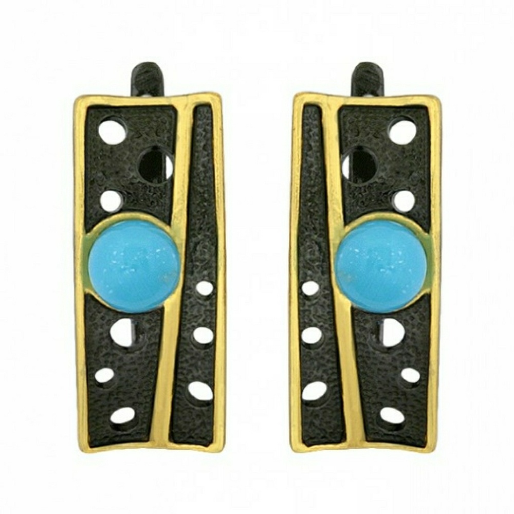 Earrings yellow Gold 14k, Rhodium Turquoise